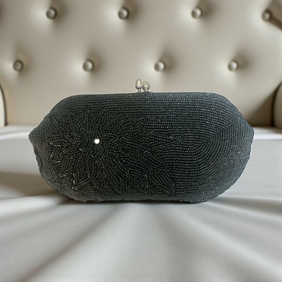 Gala Handbags - VTG Gala Japan Formal Clutch Black Beaded Floral Silver Kiss Lock Handbag 1960s